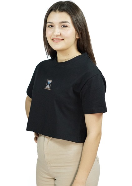 Aqua-Nihil | Siyah Renk | Baskılı Crop | Oversize fırsatları