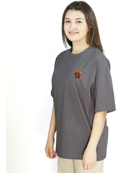 Luxfin | Gri Renk | Baskılı Kadın T-shirt | Oversize fırsatları