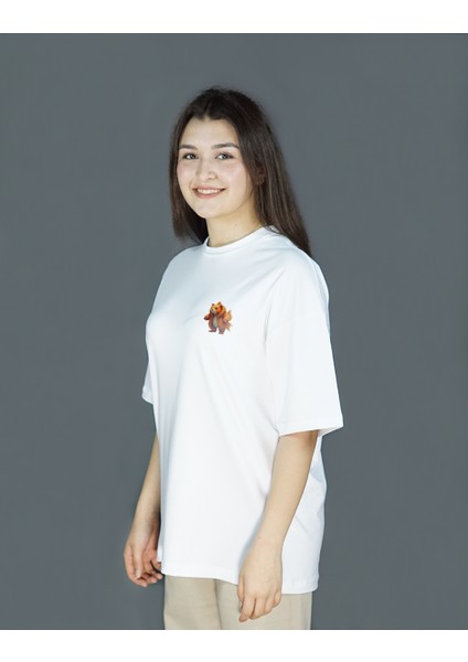 Luxfin | Beyaz Renk | Baskılı Kadın T-shirt | Oversize fırsatları