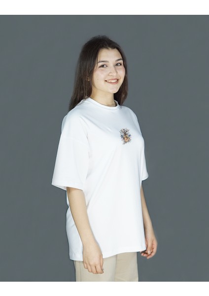 Naturcord | Beyaz Renk | Baskılı Kadın T-shirt | Oversize modelleri
