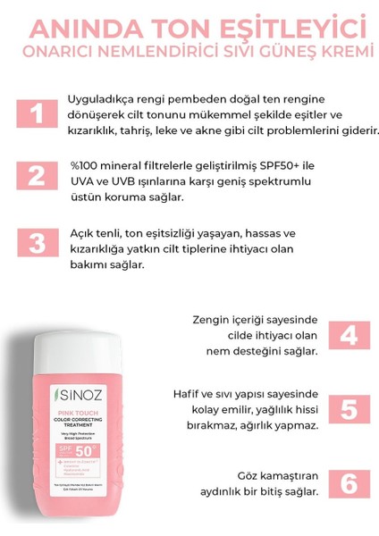 Sinoz Pink Touch Anında Ton Eşitleyici Onarıcı Nemlendirici Pembe Yüz Güneş Kremi SPF50 fırsatları