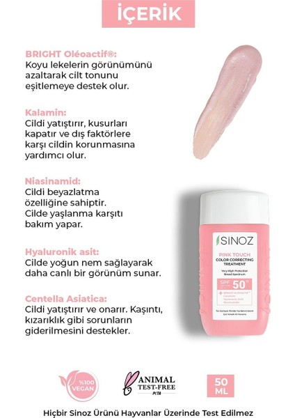 Sinoz Pink Touch Anında Ton Eşitleyici Onarıcı Nemlendirici Pembe Yüz Güneş Kremi SPF50 indirimleri