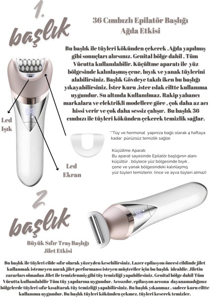 Jolvena Epilatör 7 Başlık 36 Cımbız Islak Kuru Kullanım LED Işıklı Şarjlı 65 dk Hassas Bölge modelleri
