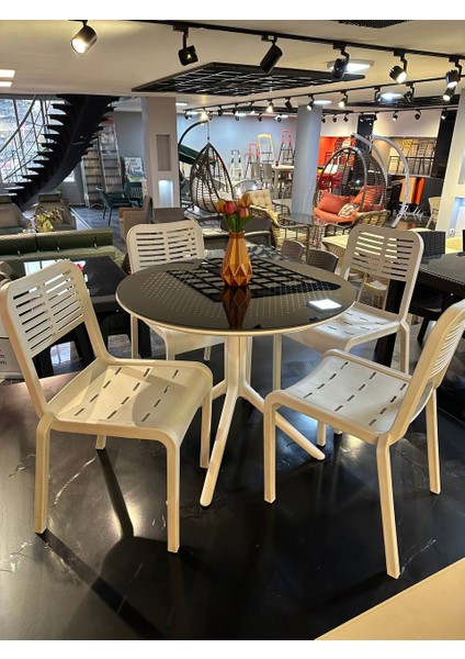 Royal Rattan 90X90 Yuvarlak Camlı Masa Takımı 4 Kişilik Balkon Teras Bahçe Masa Takımı A Plus