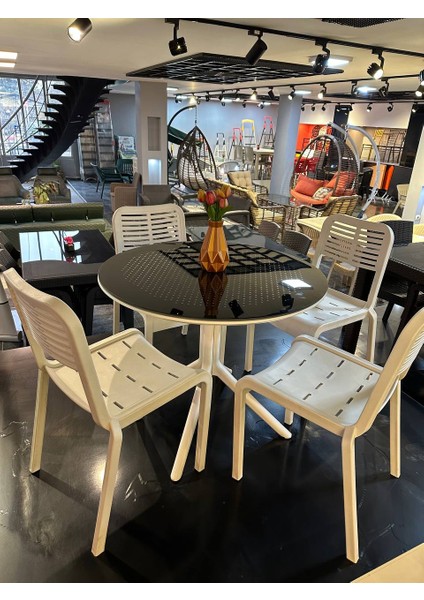 Royal Rattan 90X90 Yuvarlak Camlı Masa Takımı 4 Kişilik Balkon Teras Bahçe Masa Takımı A Plus