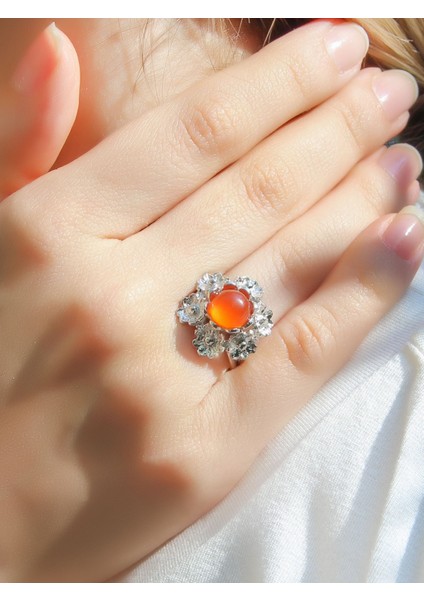 Doğal Taş Akik Doğal Taşlı Çiçek Model Telkari Kadın Ayarlanabilir Gümüş Kaplama Yüzük EUY61AR