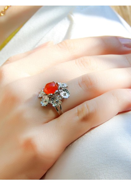 Doğal Taş Akik Doğal Taşlı Çiçek Model Telkari Kadın Ayarlanabilir Gümüş Kaplama Yüzük EUY61AR fiyatları