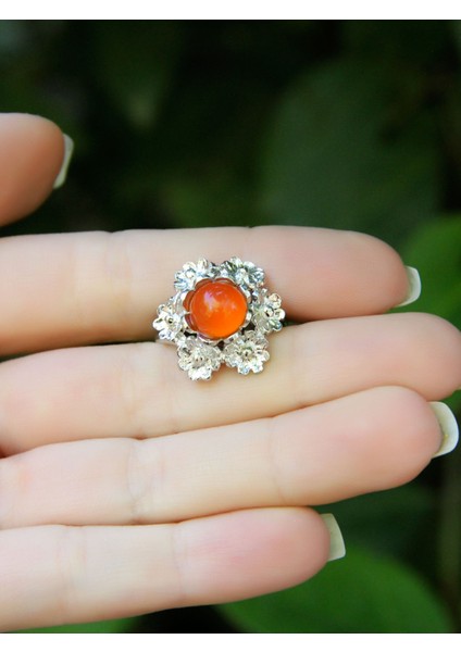 Doğal Taş Akik Doğal Taşlı Çiçek Model Telkari Kadın Ayarlanabilir Gümüş Kaplama Yüzük EUY61AR modelleri