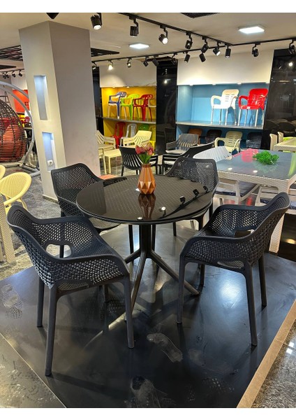 Royal Rattan 90X90 Yuvarlak Camlı Masa Takımı 4 Kişilik Balkon Teras Bahçe Masa Takımı A Plus