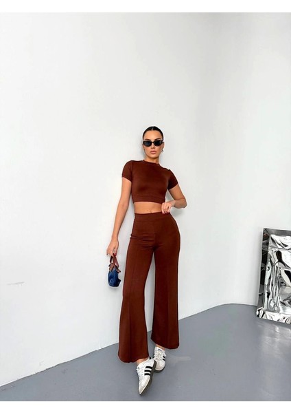 Osy Modal Yumuşak Dokulu Kumaş Kısa Kollu Crop Alt Ispanyol Paça Pantalon Ikili Takım - Kahverengi