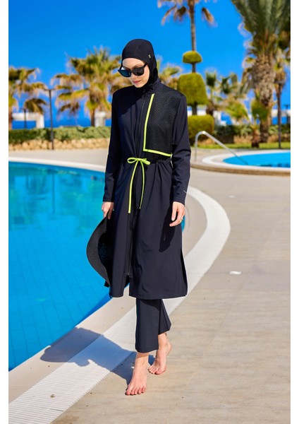 Siyah Tam Kapalı Tesettür Mayo - Tül Detaylı Ayarlanabilir Tunik M2506-1 modelleri