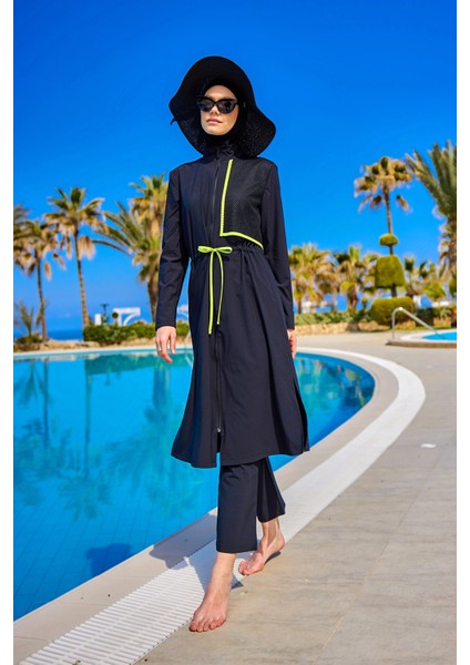 Siyah Tam Kapalı Tesettür Mayo - Tül Detaylı Ayarlanabilir Tunik M2506-1 indirimleri