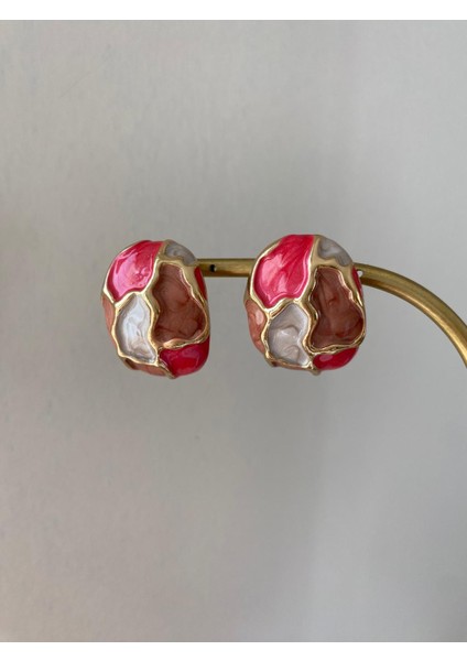 Pembe Mineli Düğme Gold Küpe