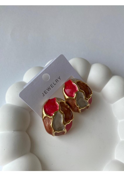 Pembe Mineli Düğme Gold Küpe
