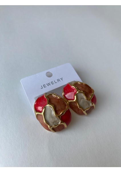Pembe Mineli Düğme Gold Küpe