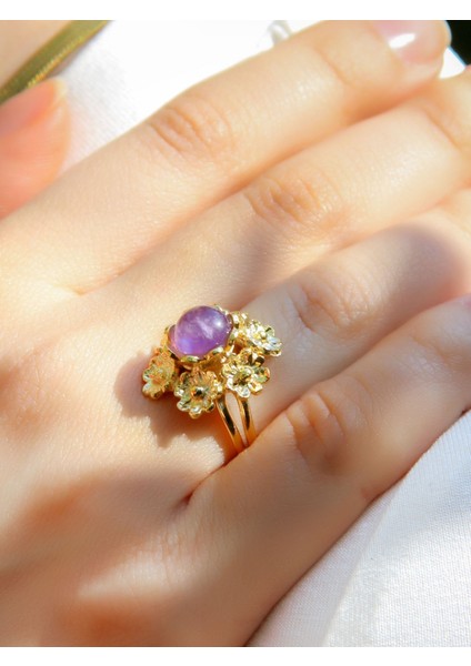 Doğal Taş Ametist Doğal Taşlı Çiçek Model Telkari Kadın Ayarlanabilir Altın Kaplama Yüzük EUY61AMTG