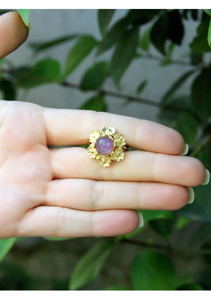 Doğal Taş Ametist Doğal Taşlı Çiçek Model Telkari Kadın Ayarlanabilir Altın Kaplama Yüzük EUY61AMTG modelleri