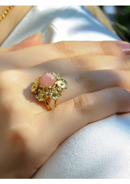 Doğal Taş Pembe Kuvars Doğal Taşlı Çiçek Model Telkari Kadın Ayarlanabilir Altın Kaplama Yüzük EUY61PKG fiyatları