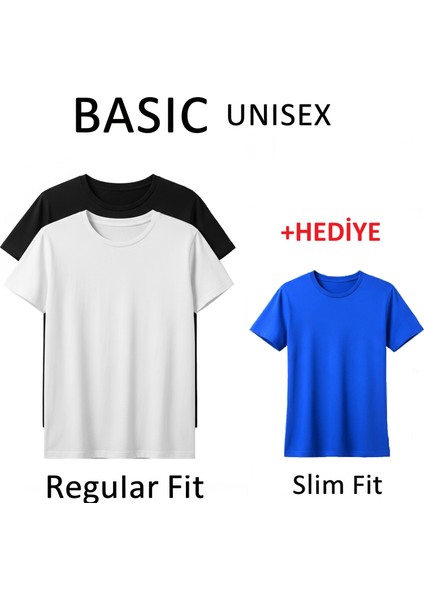 Düz Siyah ve Düz Beyaz Ikili Basic Unisex Regular Fit Tişört (Mavi Slim Fit Tişört Hediyeli)