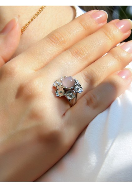 Doğal Taş Pembe Kuvars Doğal Taşlı Çiçek Model Telkari Kadın Ayarlanabilir Gümüş Kaplama Yüzük EUY61PKR