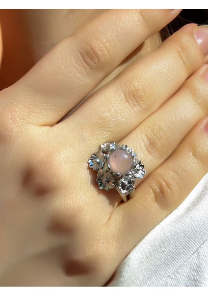 Doğal Taş Pembe Kuvars Doğal Taşlı Çiçek Model Telkari Kadın Ayarlanabilir Gümüş Kaplama Yüzük EUY61PKR fiyatları