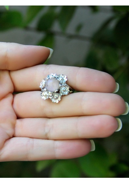 Doğal Taş Pembe Kuvars Doğal Taşlı Çiçek Model Telkari Kadın Ayarlanabilir Gümüş Kaplama Yüzük EUY61PKR modelleri