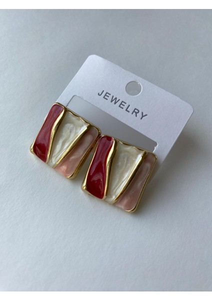 Pembe Renkli Mineli Gold Kare Küpe