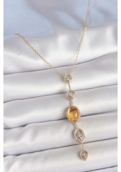 Pirinç Zincir Kehribar Sarı Gold Renk Zirkon Taşlı Y Kolye