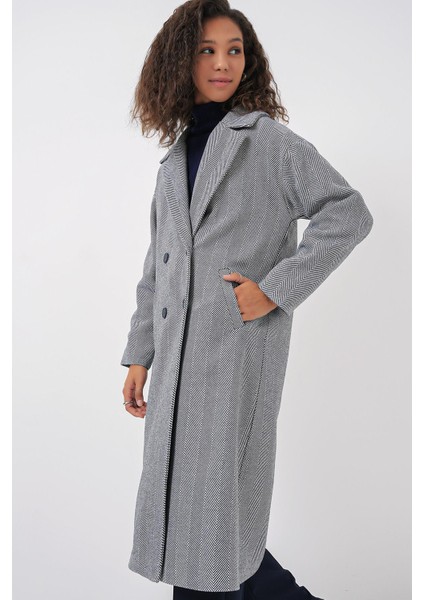Oversize Geniş Kesim Yünlü Uzun Kaşe Kaban - F.lacivert