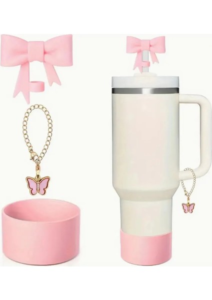 Quencher 30 - 40 Oz 3'lü Aksesuar Tıpa Charm Taban Koruyucu Silikon Pembe Set