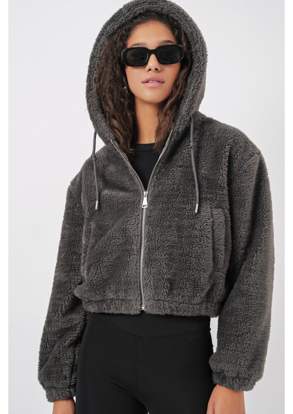 Kapüşonlu Peluş Crop Ceket - Antrasit