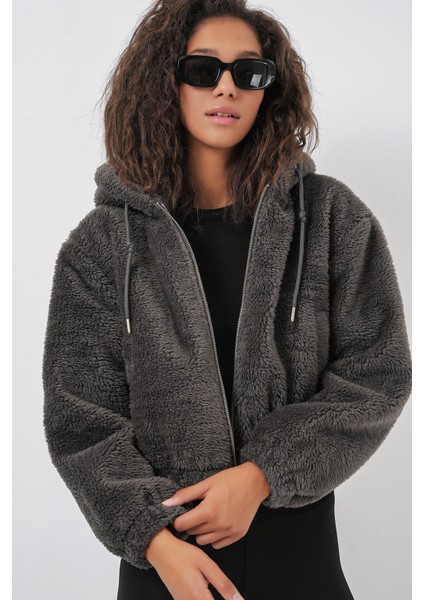 Kapüşonlu Peluş Crop Ceket - Antrasit