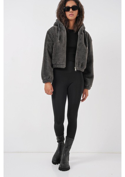 Kapüşonlu Peluş Crop Ceket - Antrasit