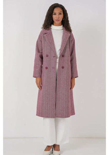 Oversize Geniş Kesim Yünlü Uzun Kaşe Kaban - Bordo