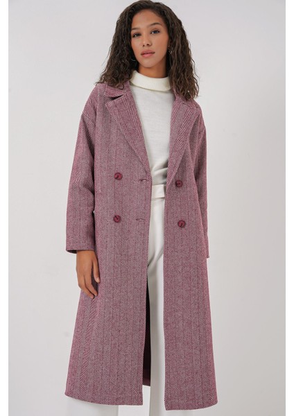 Oversize Geniş Kesim Yünlü Uzun Kaşe Kaban - Bordo