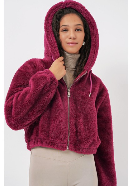 Kapüşonlu Peluş Crop Ceket - Mürdüm