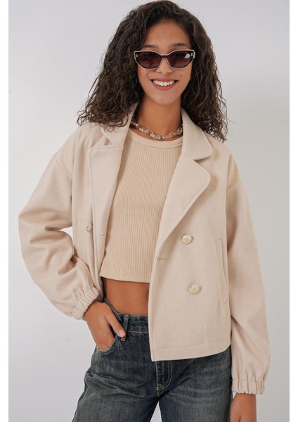 Kruvaze Yaka Crop Ceket - Bej