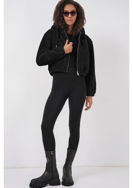 Kapüşonlu Peluş Crop Ceket - Siyah