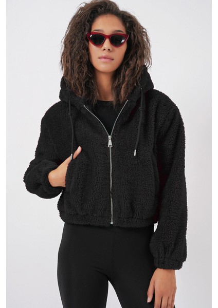 Kapüşonlu Peluş Crop Ceket - Siyah