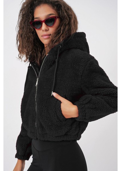 Kapüşonlu Peluş Crop Ceket - Siyah
