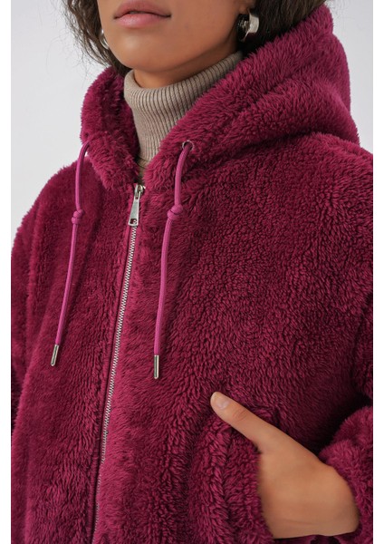 Kapüşonlu Peluş Crop Ceket - Mürdüm