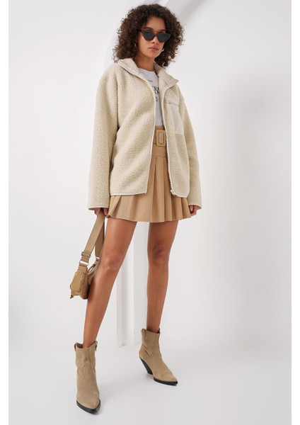 Fermuarlı Oversize Peluş Ceket Mont - Krem