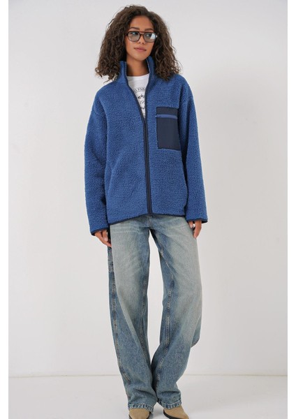 Kadın Fermuarlı Oversize Peluş Ceket - Saks
