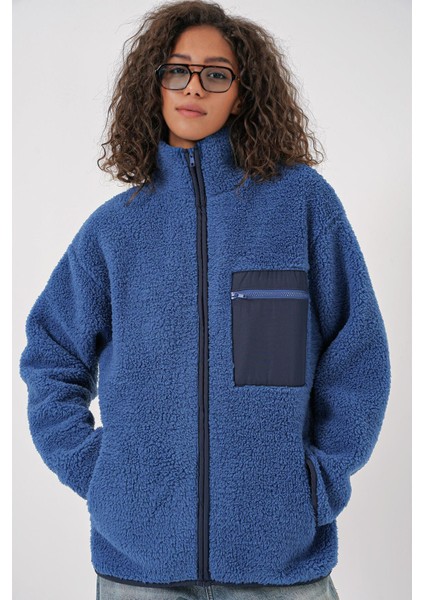 Kadın Fermuarlı Oversize Peluş Ceket - Saks