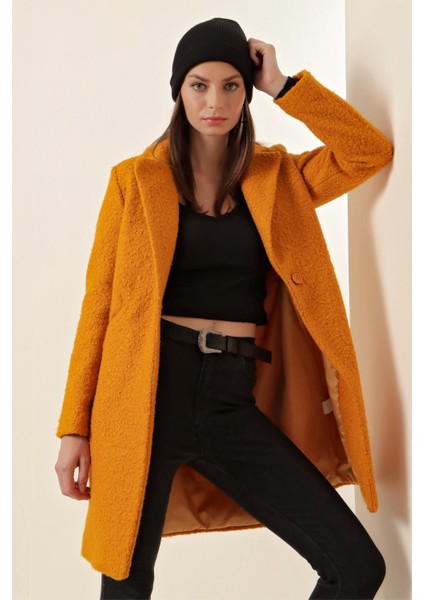 Oversize Kaşe Kaban - Hardal