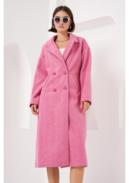 Fuşya Oversize Geniş Kesim Yünlü Uzun Kaşe Kaban