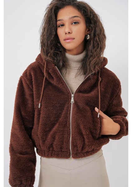 Kapüşonlu Peluş Crop Ceket - Kahverengi