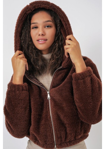 Kapüşonlu Peluş Crop Ceket - Kahverengi
