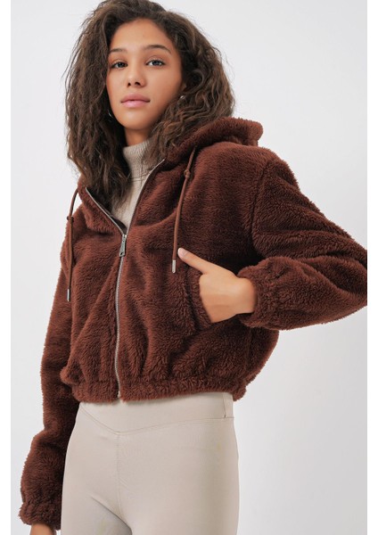 Kapüşonlu Peluş Crop Ceket - Kahverengi