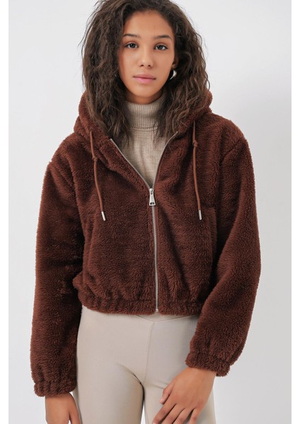 Kapüşonlu Peluş Crop Ceket - Kahverengi